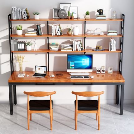 铁艺实木书桌书架组合书房家用台式电脑桌架一体双人办公桌写字桌