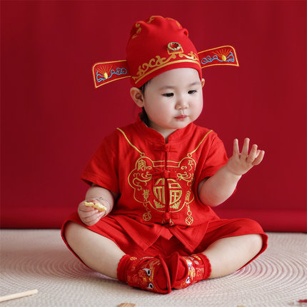 男宝宝一周岁宴礼服纯棉短袖套装婴儿抓周衣服夏季薄款唐装中国风