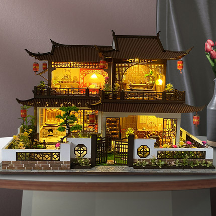 美代diy小屋西溪花间手工拼装建筑模型大型别墅中国风木质玩具房
