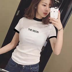 2024新款半高领白色短袖T恤女字母印花韩版拼接紧身打底体恤女潮