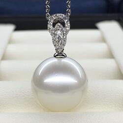 澳白珍珠吊坠18K金镶钻14.9正圆形14-15mm白色南洋海水珠中长款