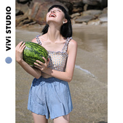 viviStudio/日系可爱夏季新款泳装~复古蓝裙式分体海边度假泳衣女