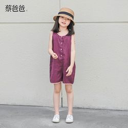 清仓蔡爸爸童装 夏季连体裤 亚麻紫色背心裤 洋气女童连衣裤 693