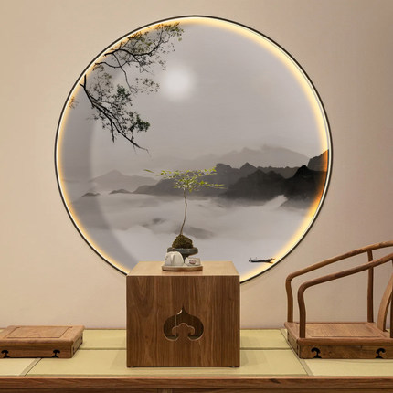 原创圆形装饰画新中式禅意茶室中国风玄关壁纸现代简约画芯3d壁画