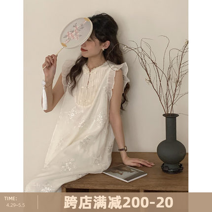 安小落新中式国风宽松连衣裙女夏季飞飞袖设计感复古刺绣度假裙子