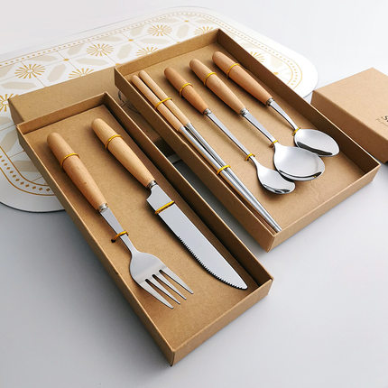 自然日式圆木柄不锈钢餐具套装勺子叉子筷子西餐刀子餐厅家用礼盒