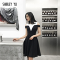 SHIRLEY YU2024新款黑白拼接欧美露肩连衣裙聚会派对小个子礼服裙