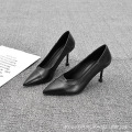 工作鞋2021高跟鞋女羊皮女鞋新款黑色女单鞋细跟女鞋职业