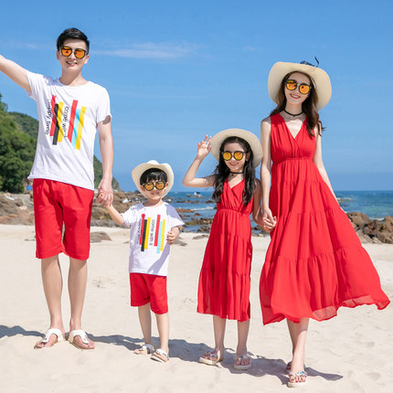 海边度假亲子装一家三口旅游沙滩裙母女装洋气雪纺长裙女童连衣裙