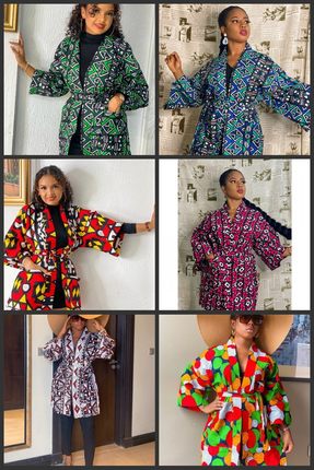 印花拼接腰带口袋和服外套女装African kimono print coat top