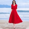 红色裙子2023女夏新款小个子长款大摆雪纺连衣裙超仙气质沙滩长裙