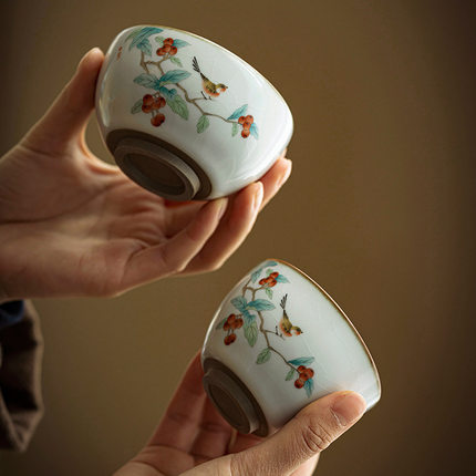 枇杷鸟月白汝窑茶杯个人杯单杯主人杯品茗杯自然开片可养陶瓷茶具