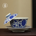 景德镇可悬停三才盖碗缠枝莲泡茶碗陶瓷家用青花仿古茶碗盖子悬浮