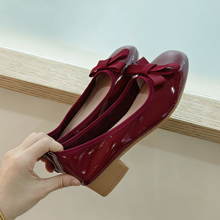 仙女风酒红色方头粗跟高跟鞋3厘米中跟软皮单鞋软底上班漆皮瓢鞋