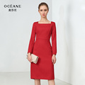 奥莎尼春秋季法式气质一字领口简约舒适优雅红色收腰显瘦连衣裙