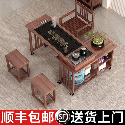 旋转茶桌阳台家用可移动小茶台烧水壶一体茶几实木客厅茶桌椅组合