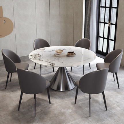 现代轻奢亮光岩板餐桌椅组合圆形灰钢百达翡翠高端家用转盘圆桌