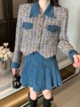 韩国ulzzang早春新款法式气质时尚翻领格子拼接牛仔外套+半身裙女