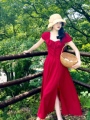 乔与乔伊 樱桃浆果 法式气质高级感方领长裙红色显瘦显白连衣裙夏