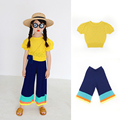 IFKIDS童装夏季新款女童儿童针织T恤裤子黄色镂空针织上衣短袖