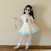 女童夏款2024新款童装套装韩版兔子短袖上衣T恤蓬蓬裙tutu半裙潮