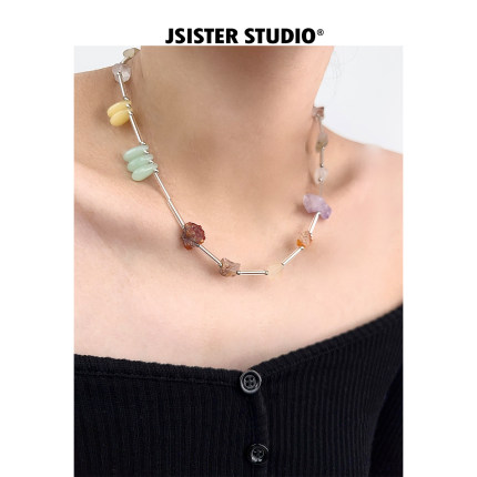 JSISTER小众设计 彩色原石夏串珠项链女生小众高级感新款潮锁骨链