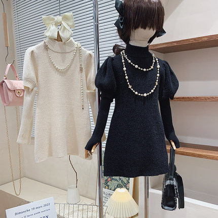 品牌童装2022冬季韩版女童袖套毛衣裙泡泡袖气质针织连衣裙两件套