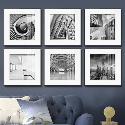 黑白摄影照片挂画建筑正方形工业风装饰画客厅沙发背景玄关抽象画