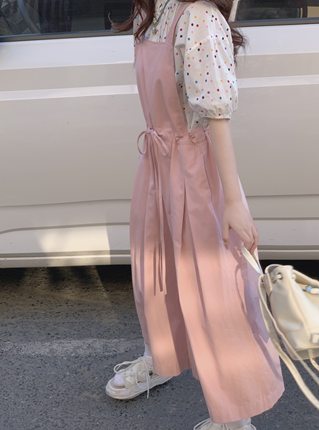 【WASEI水冰冰】2024夏季新款韩版粉色阔腿裤背带裤衬衫两件套女