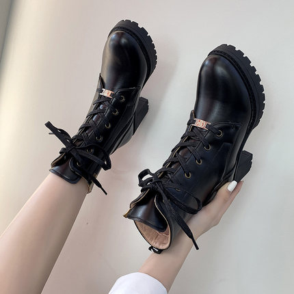 小圆头系带短靴中筒靴子侧拉链日系时尚小众设计IY玛丽珍靴子2023