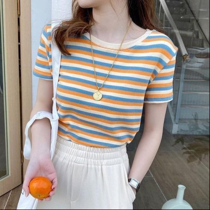彩虹条纹短袖t恤女夏季新款韩版修身短款上衣打底衫潮