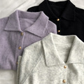 乖巧韩版 甜紫色polo翻领学院毛衣女金扣开衫百搭显瘦针织外套新