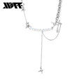 XXOFF四芒星合金闪钻玻璃圆珠原创设计钛钢花式链女士项链 银白色