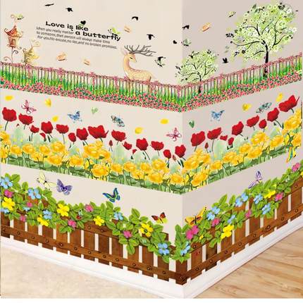 客厅踢脚地脚线绿色创意田园植物花卉小草墙贴纸3d立体可移除贴画