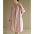 天然出品粉色复古圆领棉质短袖连衣裙女宽松中长裙夏新法式QA5606