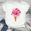 Flower Ice Cream冰淇淋花白色短袖T恤女夏季宽松圆领短袖上衣INS