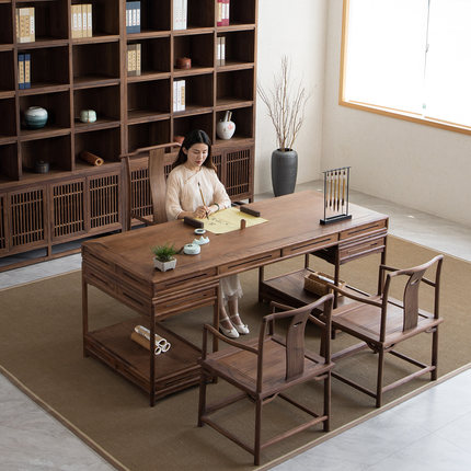 新中式书桌实木禅意书房画案榆木办公桌黑胡桃书法桌书画桌家具