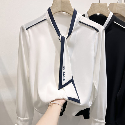 2022新款韩国气质显瘦纯色V领系带刺绣套头长袖雪纺衫女秋季衬衫