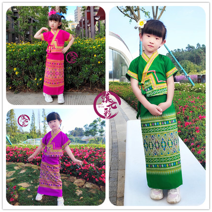 滇七彩泰国女童装 傣族儿童舞蹈服装演出礼服 泼水节民族服饰套装