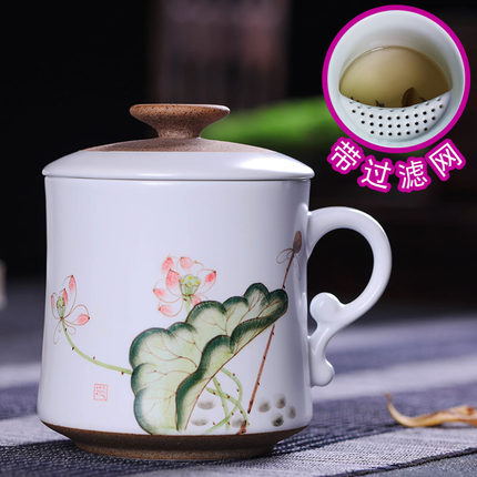 茶杯陶瓷家用带盖景德镇手绘过滤泡茶杯办公室水杯个人杯茶具定制