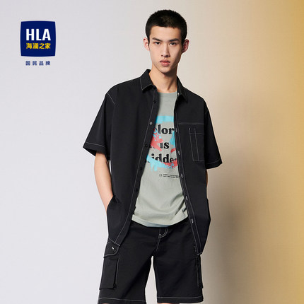HLA/海澜之家外套款短袖休闲衬衫明线黑色宽松凉感短衬男