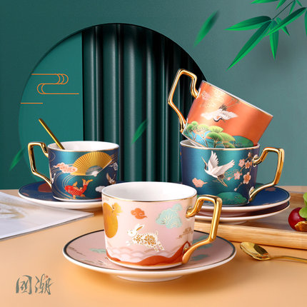 国潮陶瓷咖啡杯欧式小奢华手绘杯碟套装中式家用下午茶花茶杯子勺