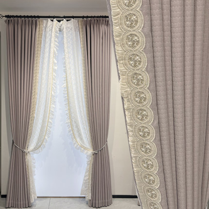 新款法式浪漫奶油美式现代加厚雪尼尔紫色卧室窗帘窗纱高温定型