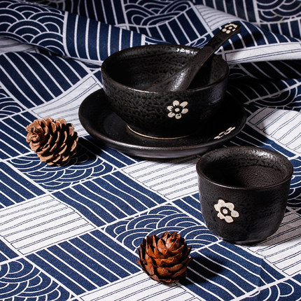 日式陶瓷餐具黑色摆台四件套商用纯色酒店餐厅中式土陶碗盘碟套装