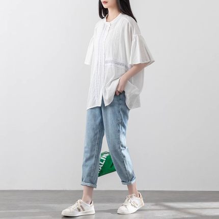 白色蕾丝镂空拼接衬衫女2024夏季新款韩版喇叭短袖气质显瘦上衣