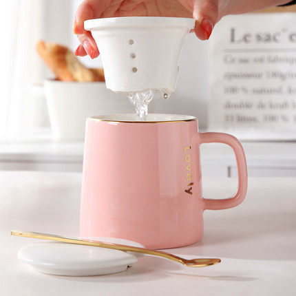 创意生日礼物杯子男女办公室茶水分离陶瓷泡茶马克杯带盖勺咖啡杯