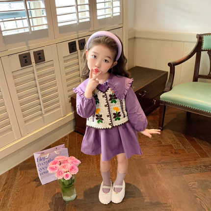 女童连衣裙套装秋季2023新款韩版洋气宝宝秋装儿童毛衣马甲两件套