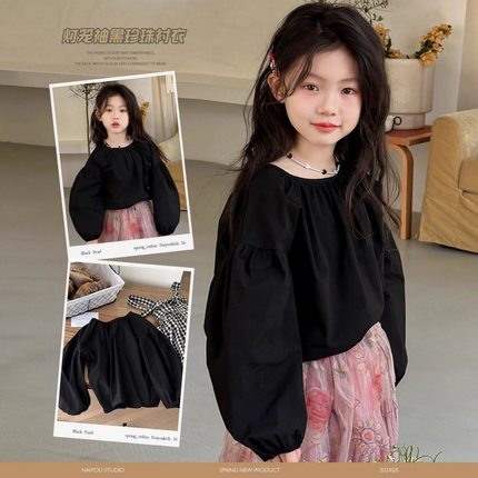 韩系童装女童泡泡袖衬衫春季新款洋气儿童黑色衬衣女休闲上衣