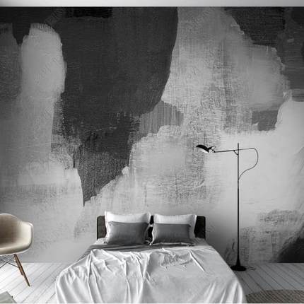 北欧抽象手绘艺术黑白油画壁纸客厅沙发电视背景墙纸轻奢风格壁画