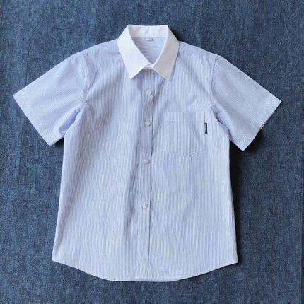 男童校服衬衫短袖夏季中大童装英伦上衣男孩学生白领蓝色条纹衬衣